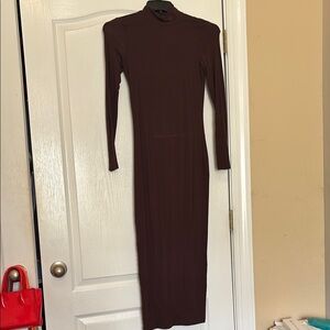 Brown Long Sleeve Midi Dress